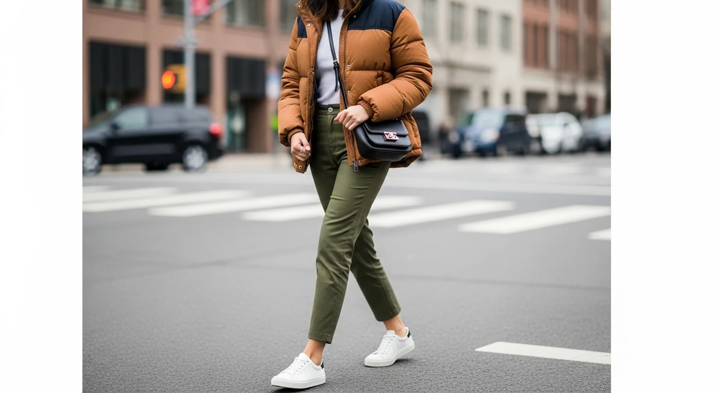 Woman wearing olive green pants with a navy puffer jacket white sneakers and crossbody bag