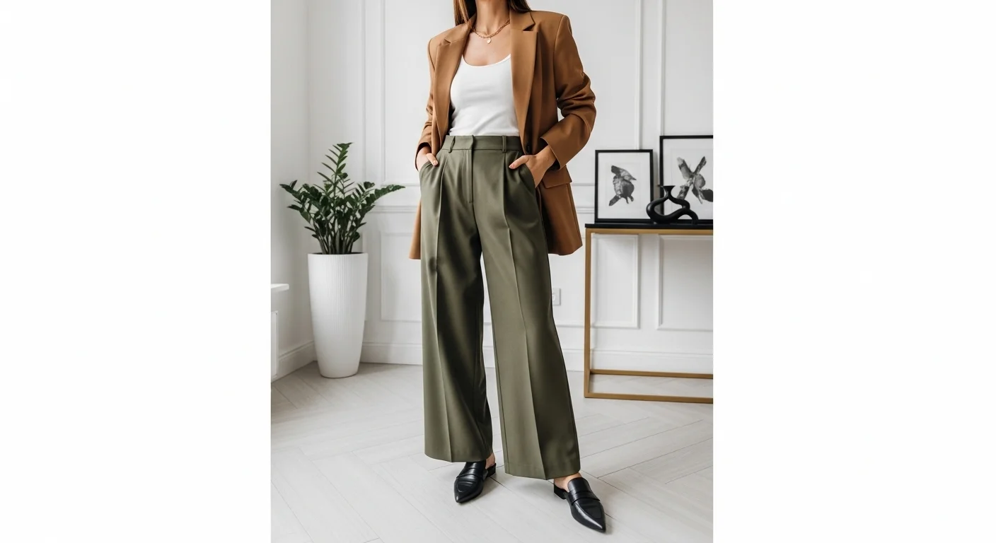 Woman wearing olive green wide leg pants with a camel oversized blazer and black pointed loafers