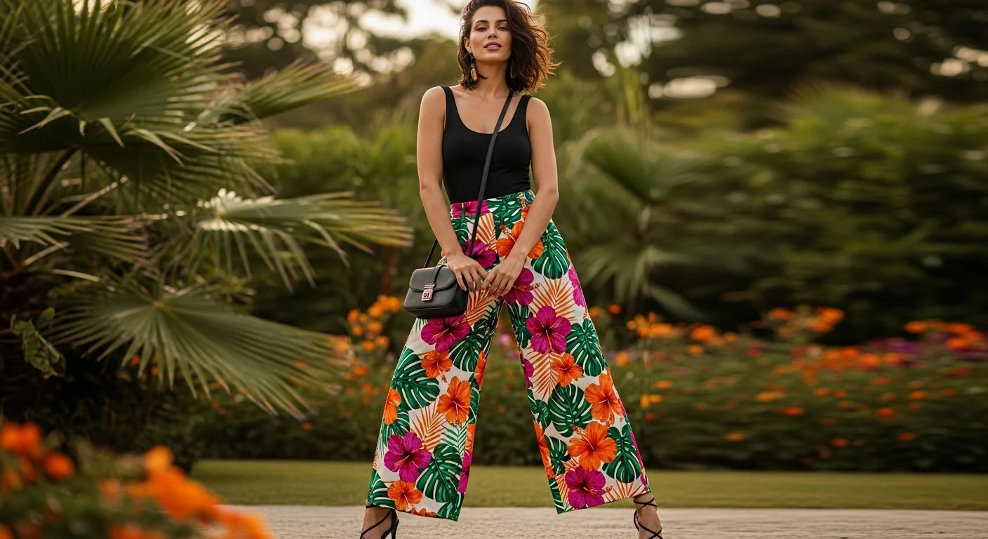 Woman wearing printed floral palazzo pants with a fitted black bodysuit and strappy heeled sandals for a polished and balanced date night vacation outfit