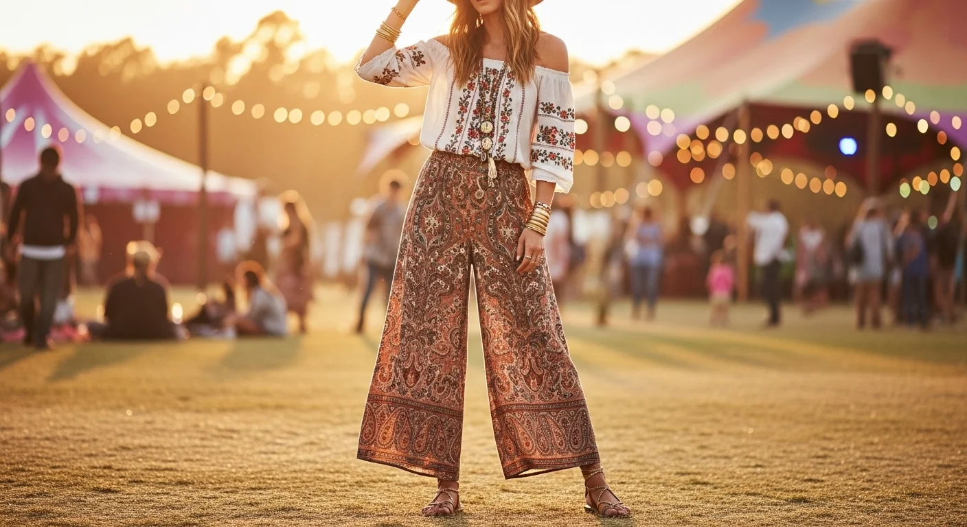 Woman wearing printed palazzo pants with an off shoulder embroidered blouse, wide brimmed hat, stacked gold bangles, and strappy sandals for a carefree boho festival outfit