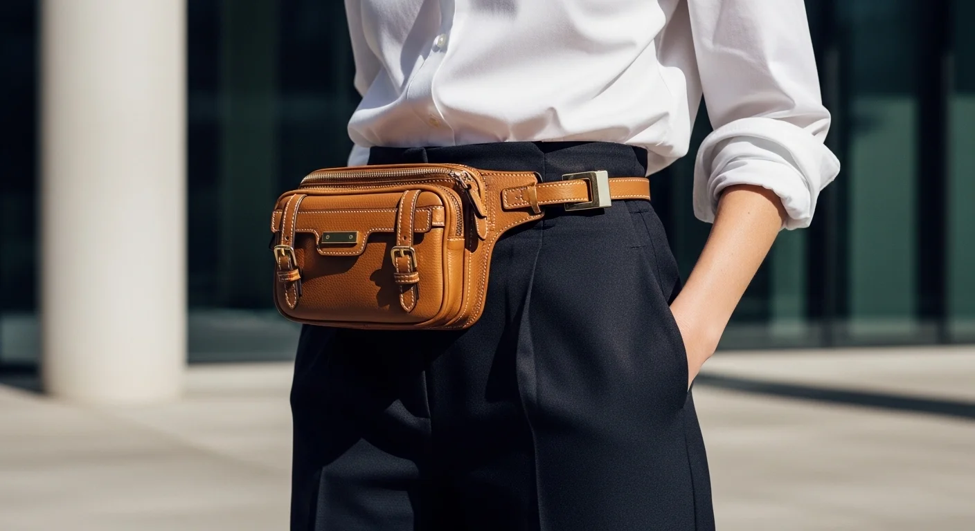 Woman wearing refined tan leather multi compartment belt bag at waist with tailored trousers showing utility handbag trend 202
