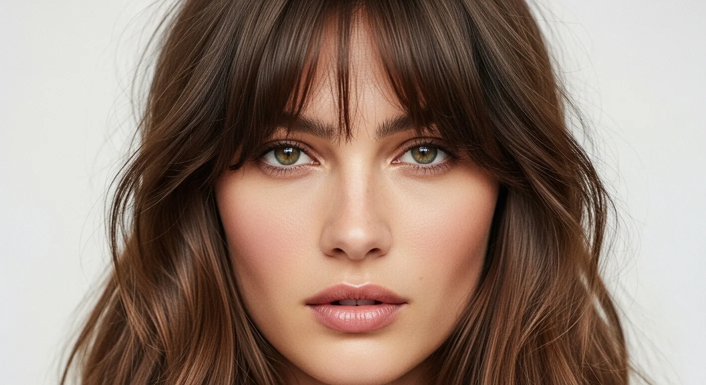 Woman with center parted curtain bangs and long wavy layers framing cheekbones and eyes