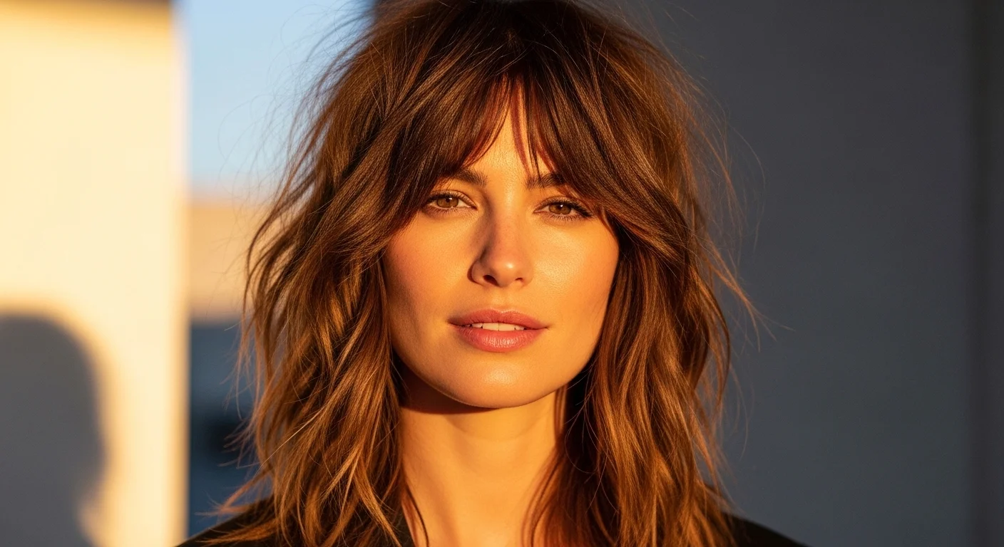 Woman with choppy textured shag haircut featuring lived in layered finish and natural wave