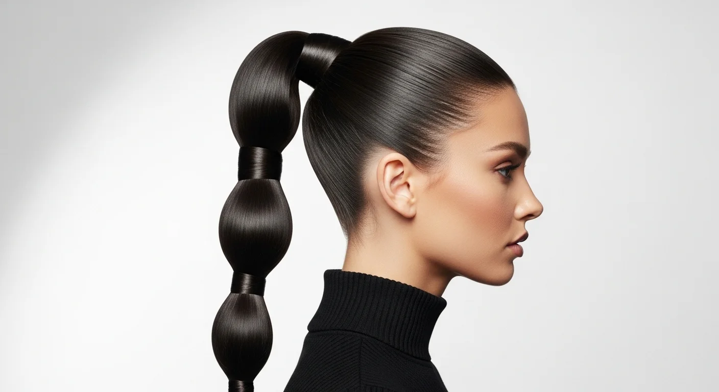 Woman with glossy sleek high ponytail hairstyle showing polished and elongated neckline