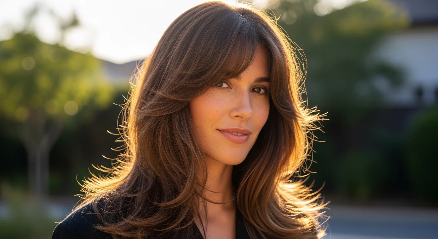 Woman with long layered butterfly haircut and curtain bangs showing soft face framing movement