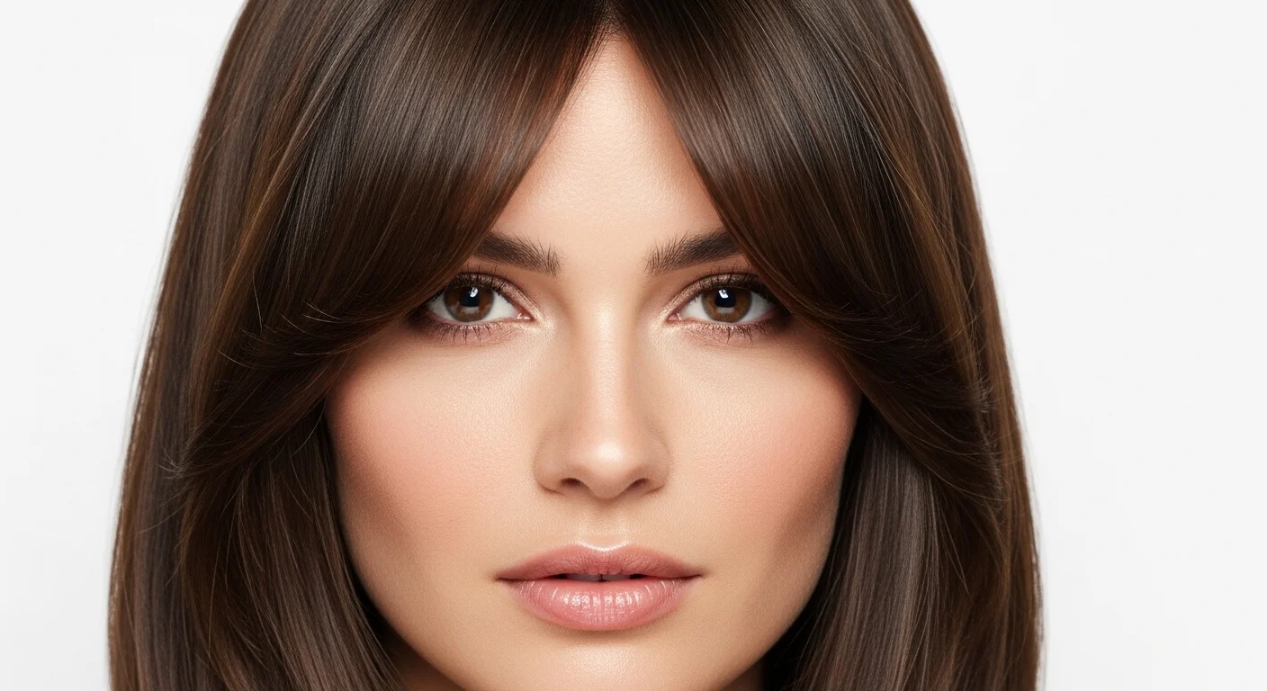 Woman with polished long bob and softly cut curtain bangs for a chic universally flattering style