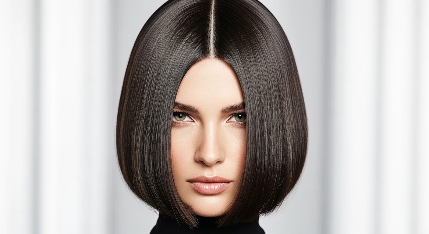 Woman with sleek chin length blunt bob haircut in studio lighting showing sharp modern silhouette
