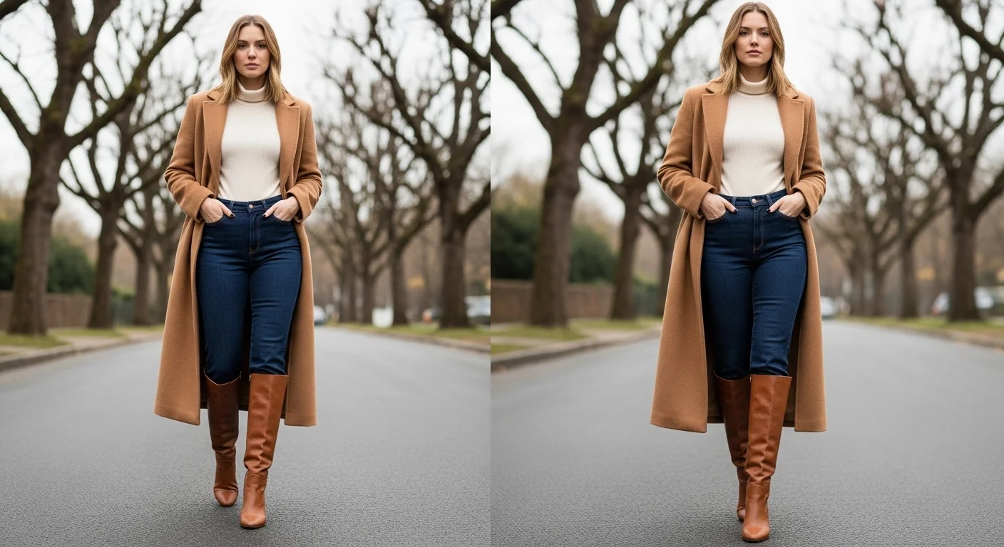 boots with a cream turtleneck and camel wool coat