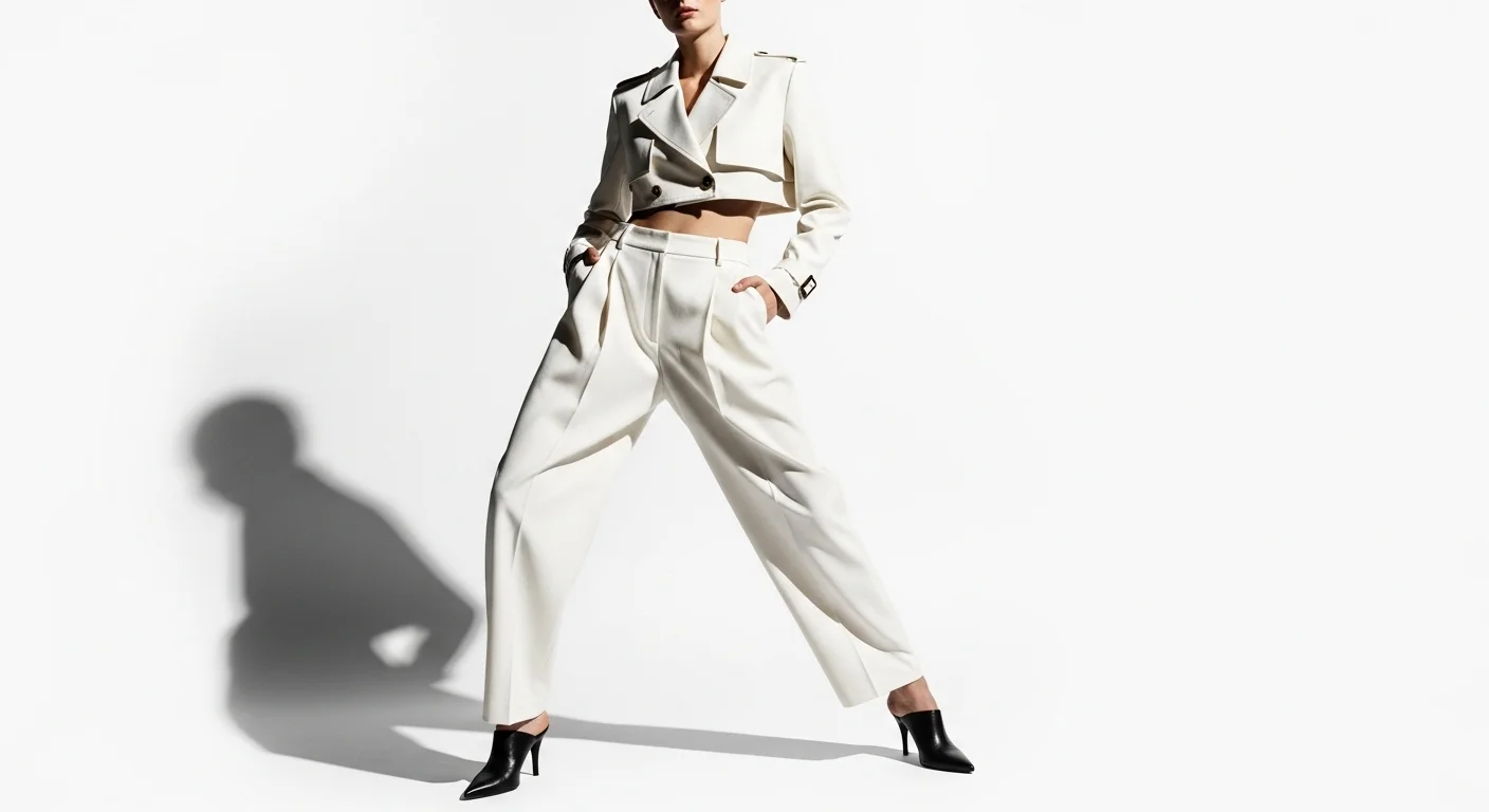 model in cropped trench coat and low rise wide leg trousers new silhouette spring 2026 fashion tren model in cropped trench coat and low rise wide leg trousers new silhouette spring 2026 fashion tren