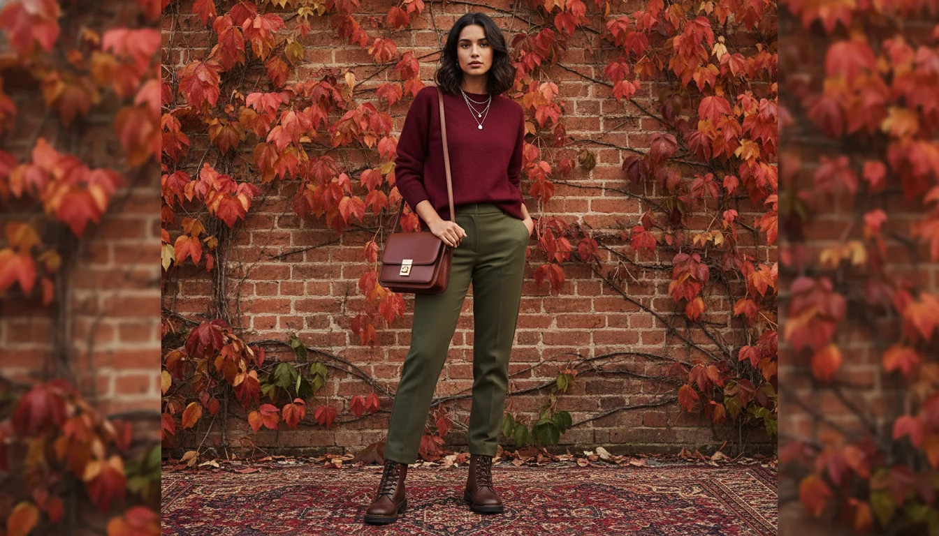 oman wearing olive green pants with a burgundy crewneck sweater and dark brown leather boots