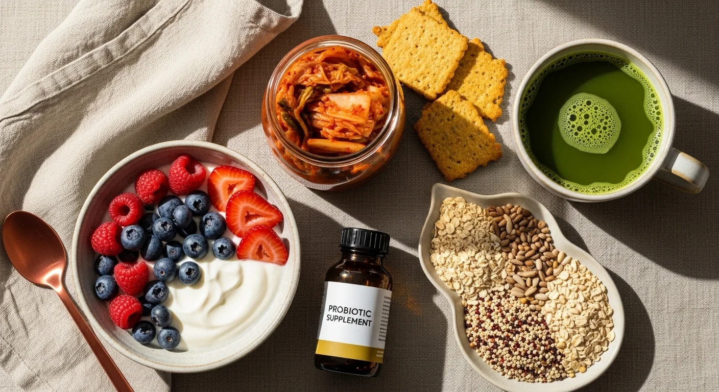 wellness flat lay with yogurt kimchi sourdough probiotic supplements and matcha gut health trend 2026 wellness flat lay with yogurt kimchi sourdough probiotic supplements and matcha gut health trend 2026