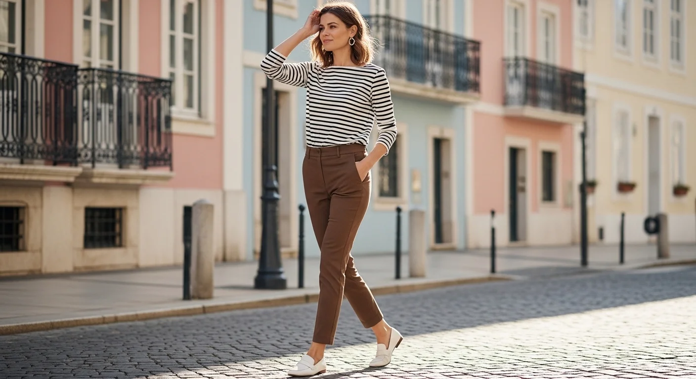 woman in black and white striped long sleeve top tucked into brown chinos with white leather loafers on bright European style street