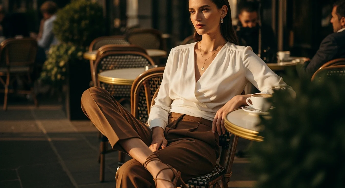 woman in ivory wrap blouse tucked into tailored warm brown trousers with gold jewelry and tan strappy sandals