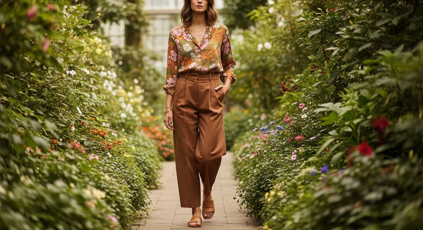 woman in muted earthy floral blouse with ochre and dusty pink tones tucked into high waisted wide leg brown trousers with tan sandals in botanical garden