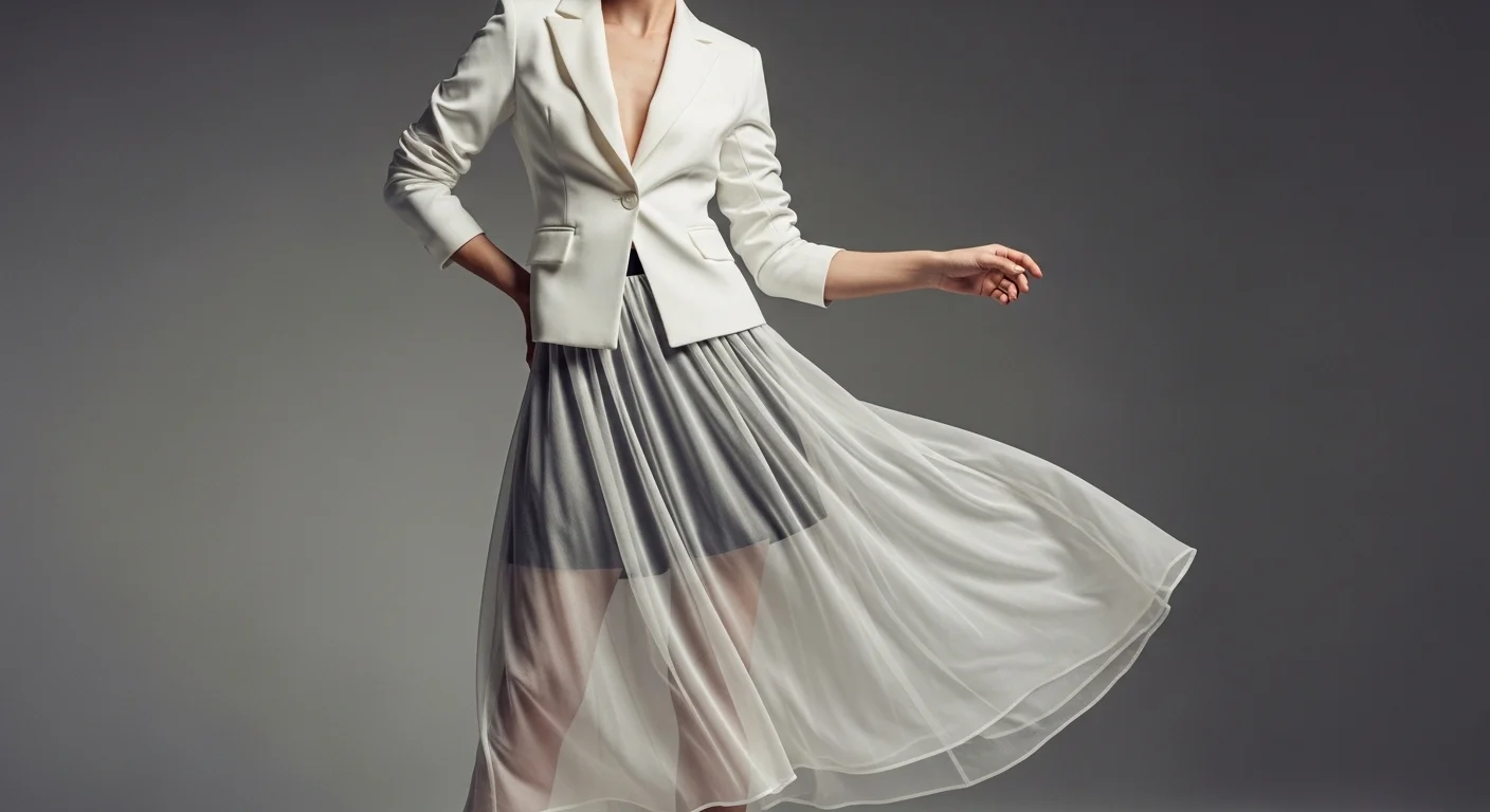 woman in sheer ivory midi skirt layered over structured shorts with white blazer studio fashion editorial spring 2026 woman in sheer ivory midi skirt layered over structured shorts with white blazer studio fashion editorial spring 2026