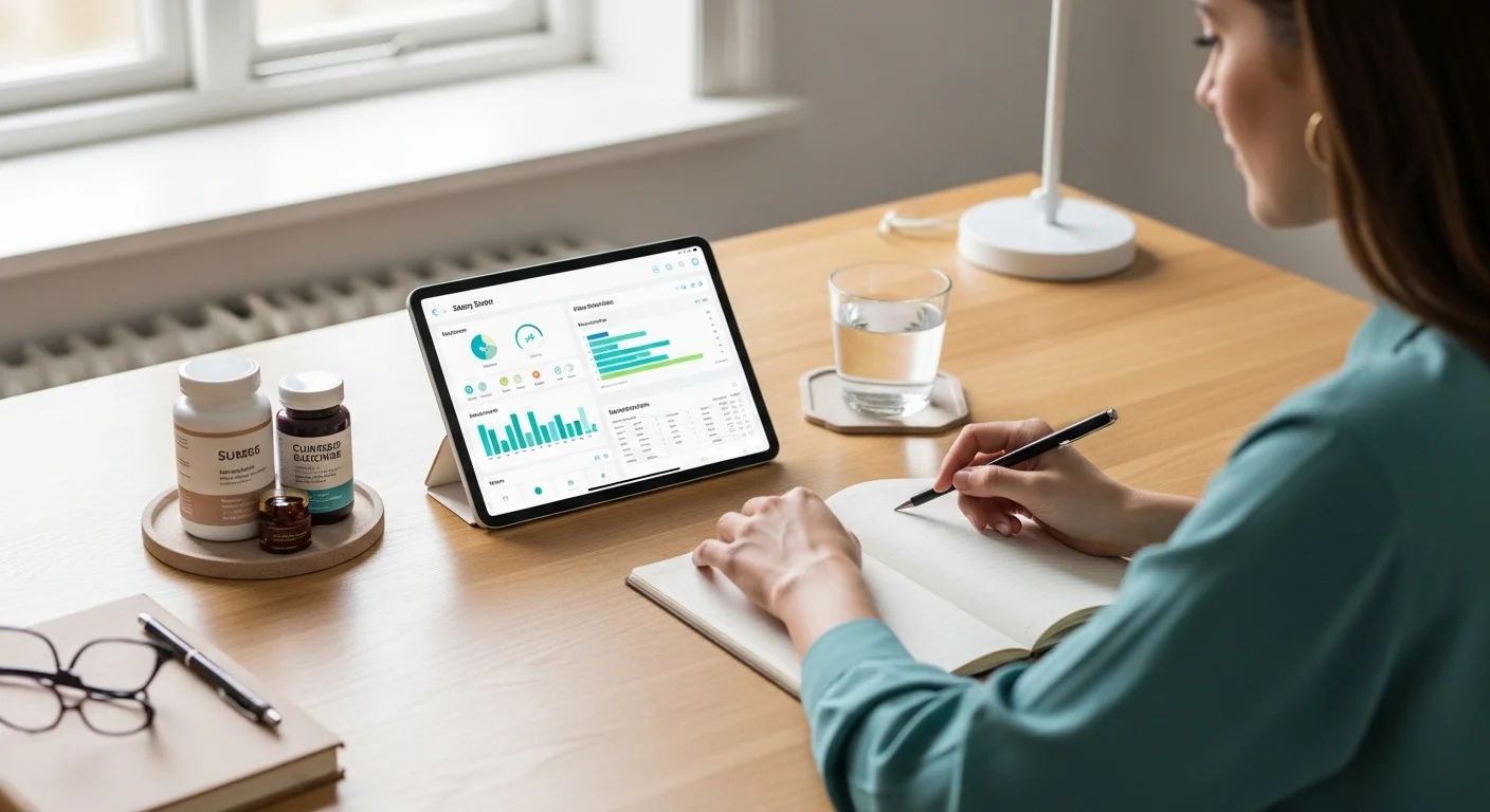 woman reviewing personalized health metrics on tablet with supplements and notebook personalized wellness 2026 woman reviewing personalized health metrics on tablet with supplements and notebook personalized wellness 2026