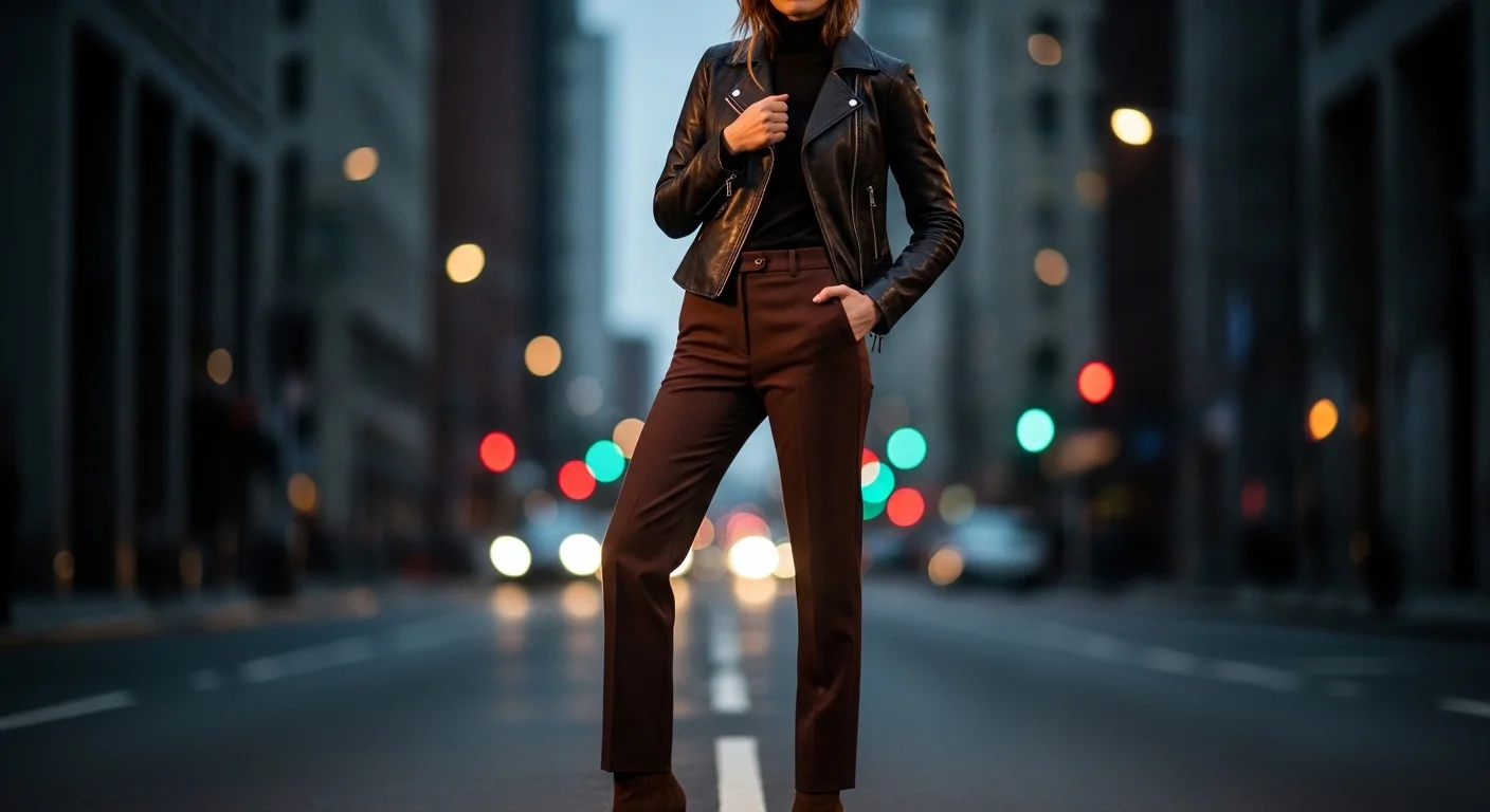 woman wearing black leather jacket over black turtleneck with chocolate brown straight leg trousers and brown suede ankle boots in urban setting