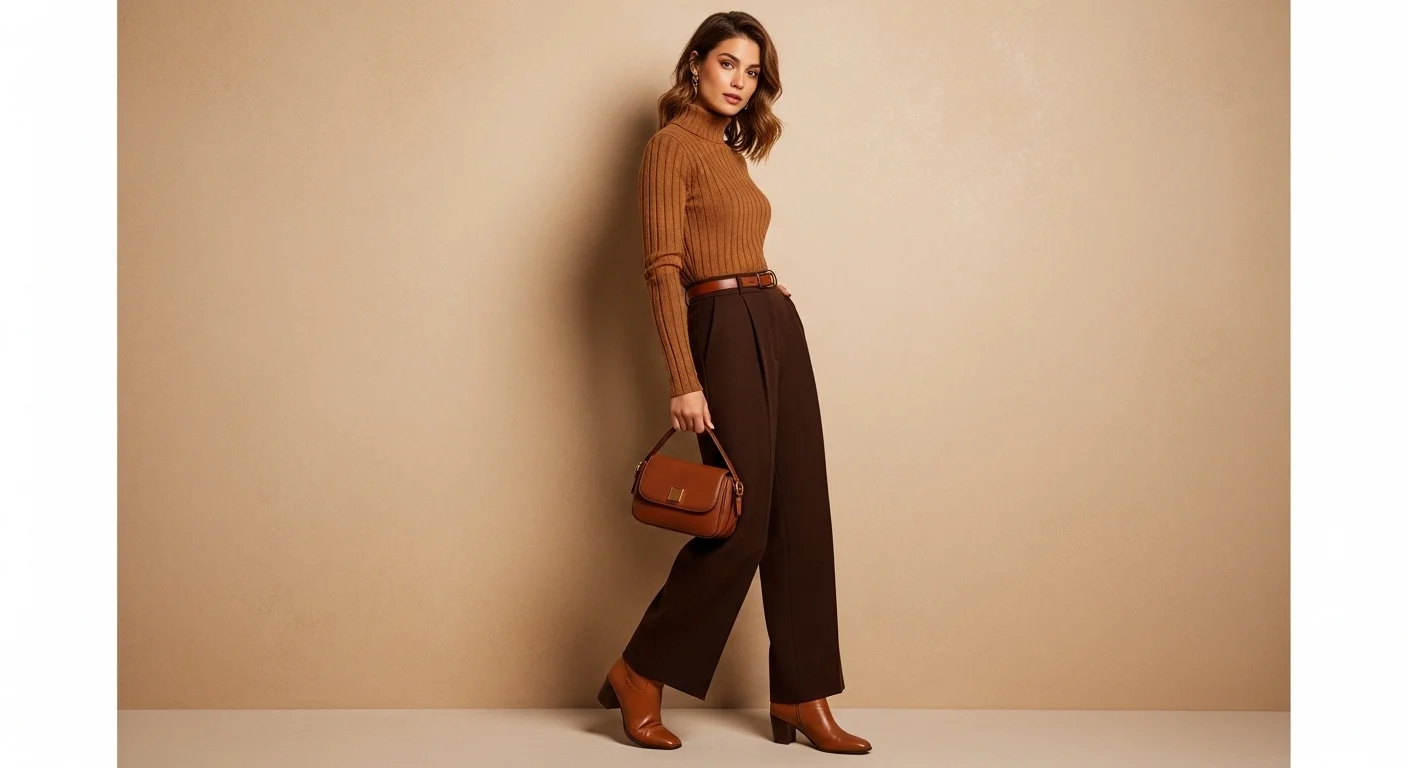 woman wearing monochromatic brown outfit with caramel ribbed turtleneck espresso wide leg trousers