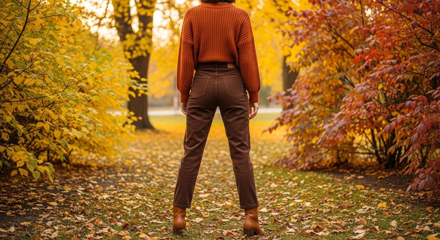 woman wearing rust ribbed knit sweater with chocolate brown corduroy straight leg pants and camel ankle boots among golden autumn foliage in park