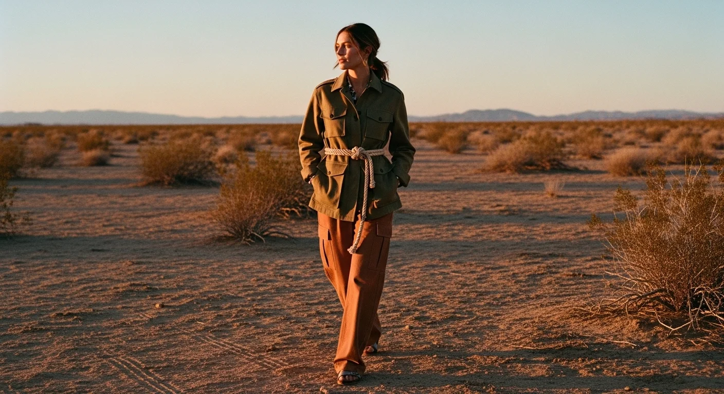 woman wearing safari chic outfit with khaki utility jacket and cargo trousers in golden hour light 2026 fashion trend woman wearing safari chic outfit with khaki utility jacket and cargo trousers in golden hour light 2026 fashion trend