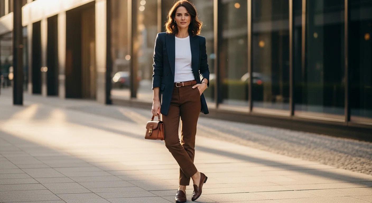 woman wearing structured navy blazer over white tee with brown chinos and dark brown loafers standing on city sidewalk in smart casual outfit