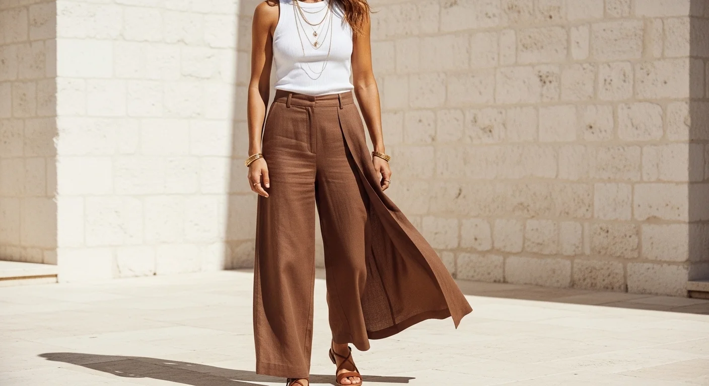 woman wearing wide leg brown linen trousers with white fitted ribbed tank top gold layered necklaces and flat strappy sandals in sunlit courtyard
