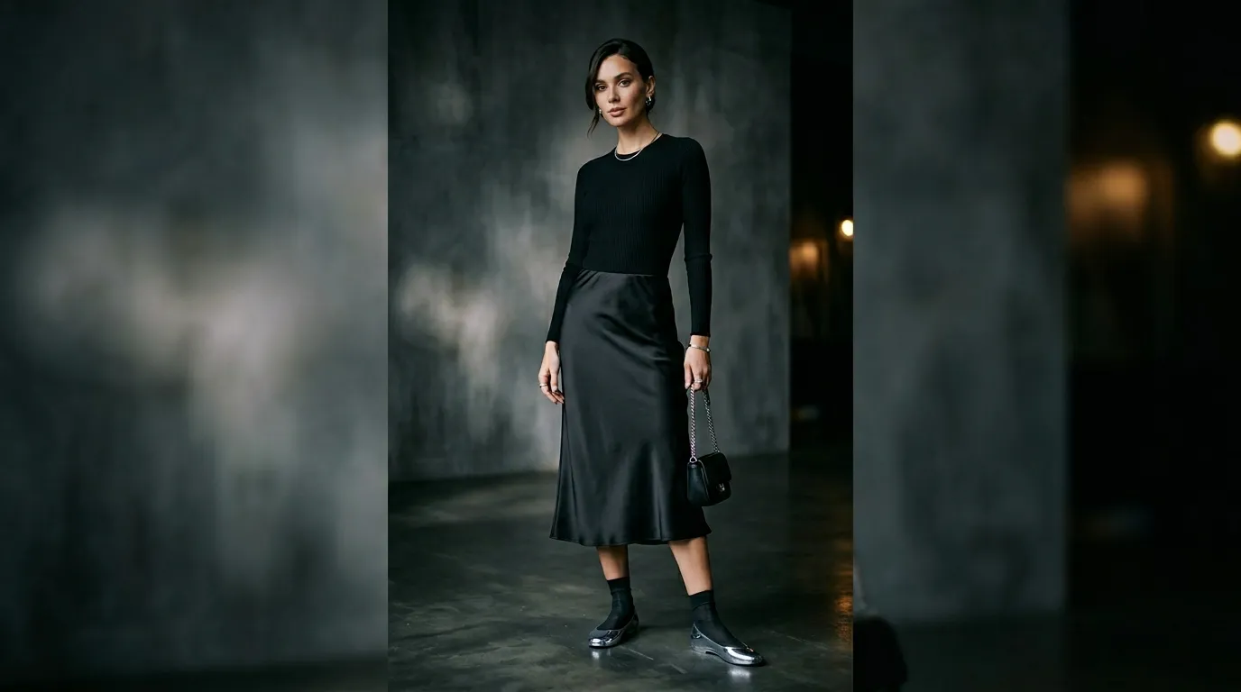 Black Satin Slip Skirt and Metallic Jelly Flat