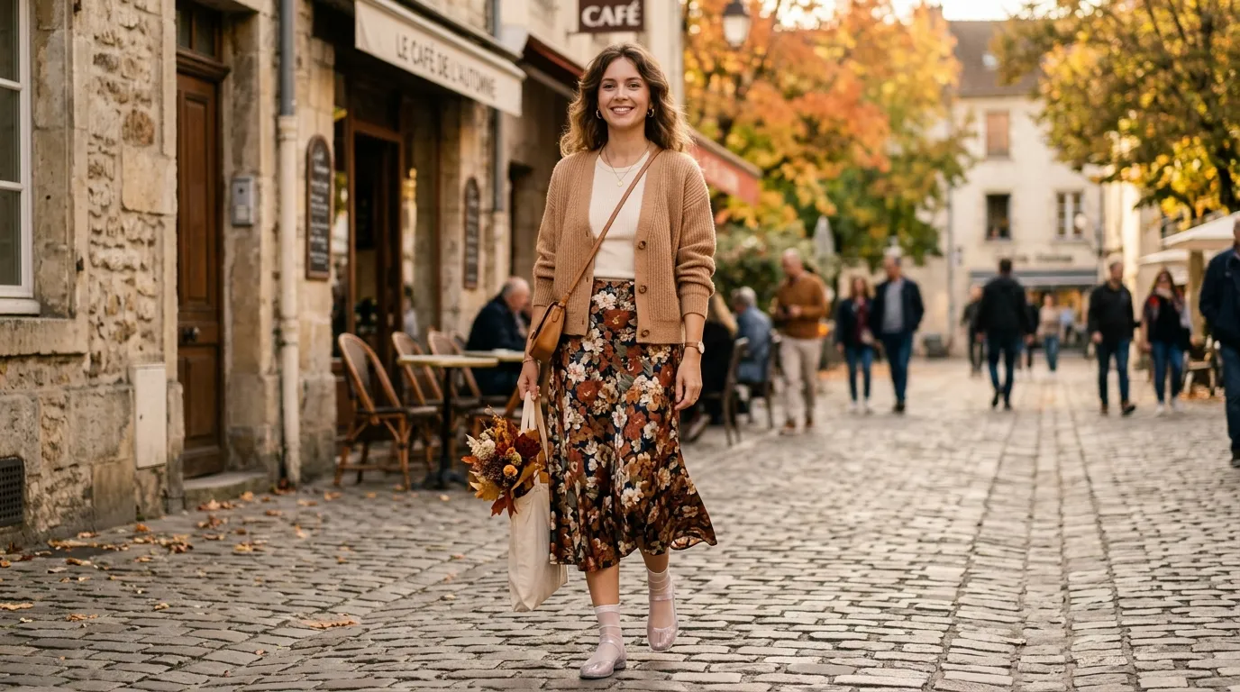 Cardigan, Midi Skirt, and Clear Jelly Flats