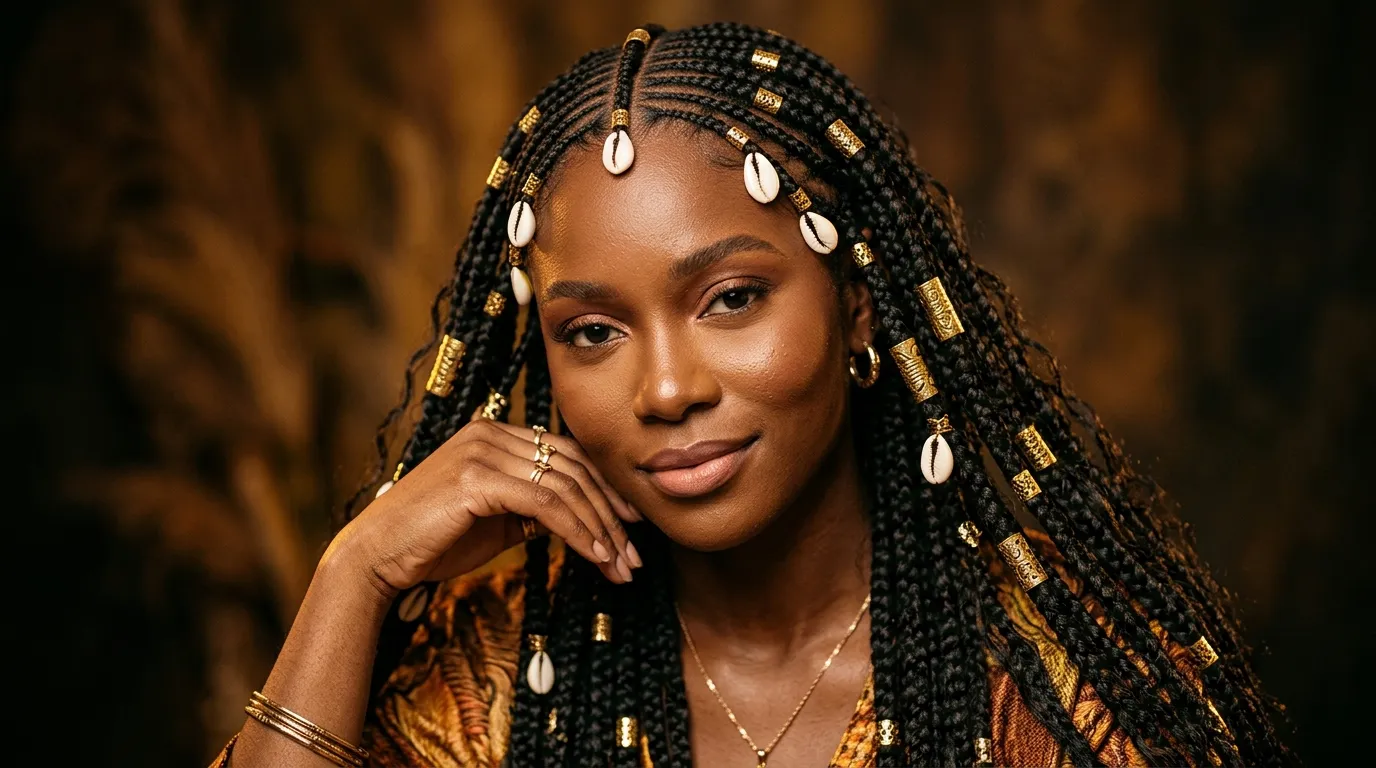 Fulani Braids With Beads and Gold Cuffs Fulani Braids With Beads and Gold Cuffs