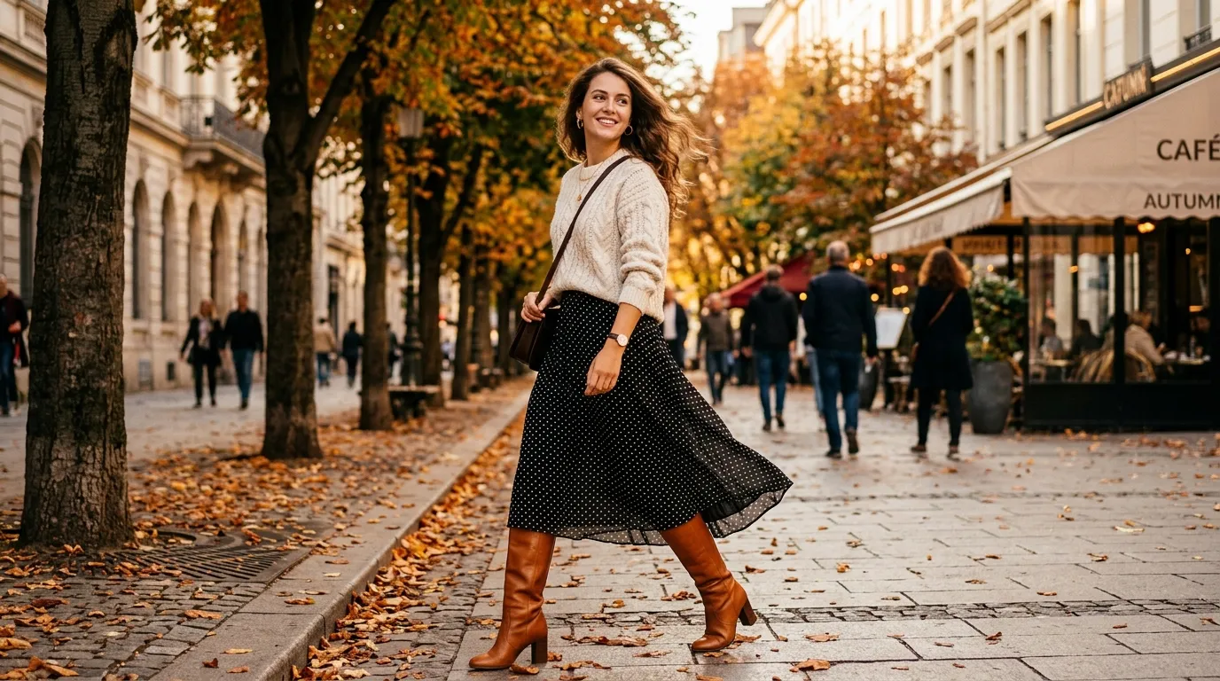 Polka Dot Mini Dress with Knee High Boots Polka Dot Midi Skirt with a Solid Sweater