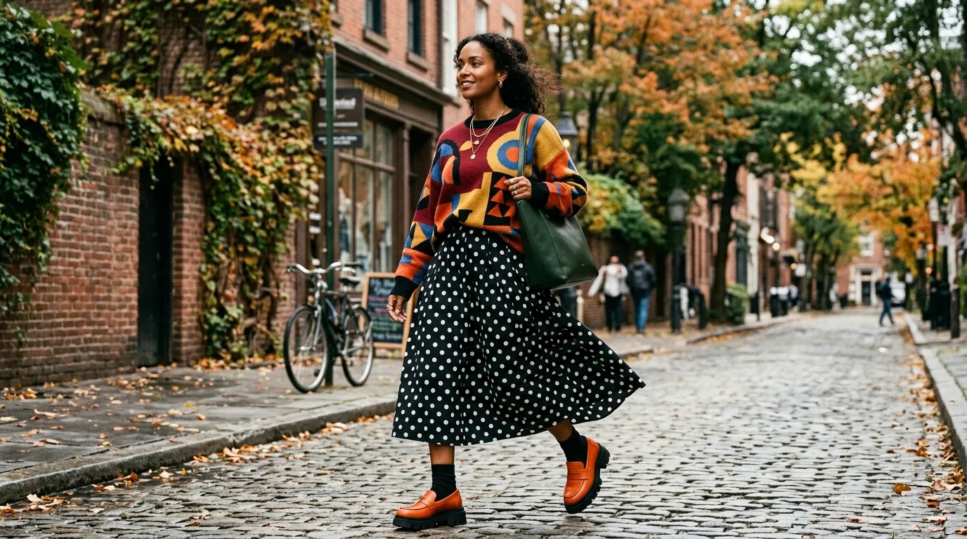 Polka Dot Skirt with a Graphic Print Sweater Polka Dot Skirt with a Graphic Print Sweater