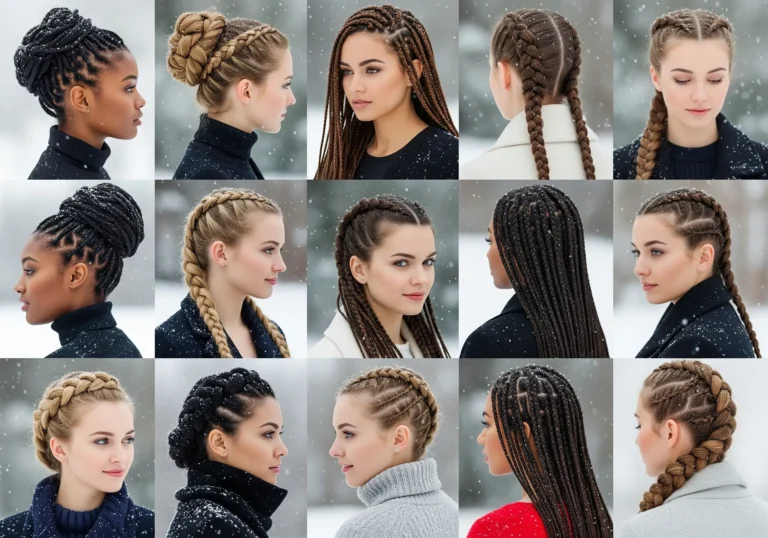 A stunning collage showcasing stylish winter hair braids on diverse women