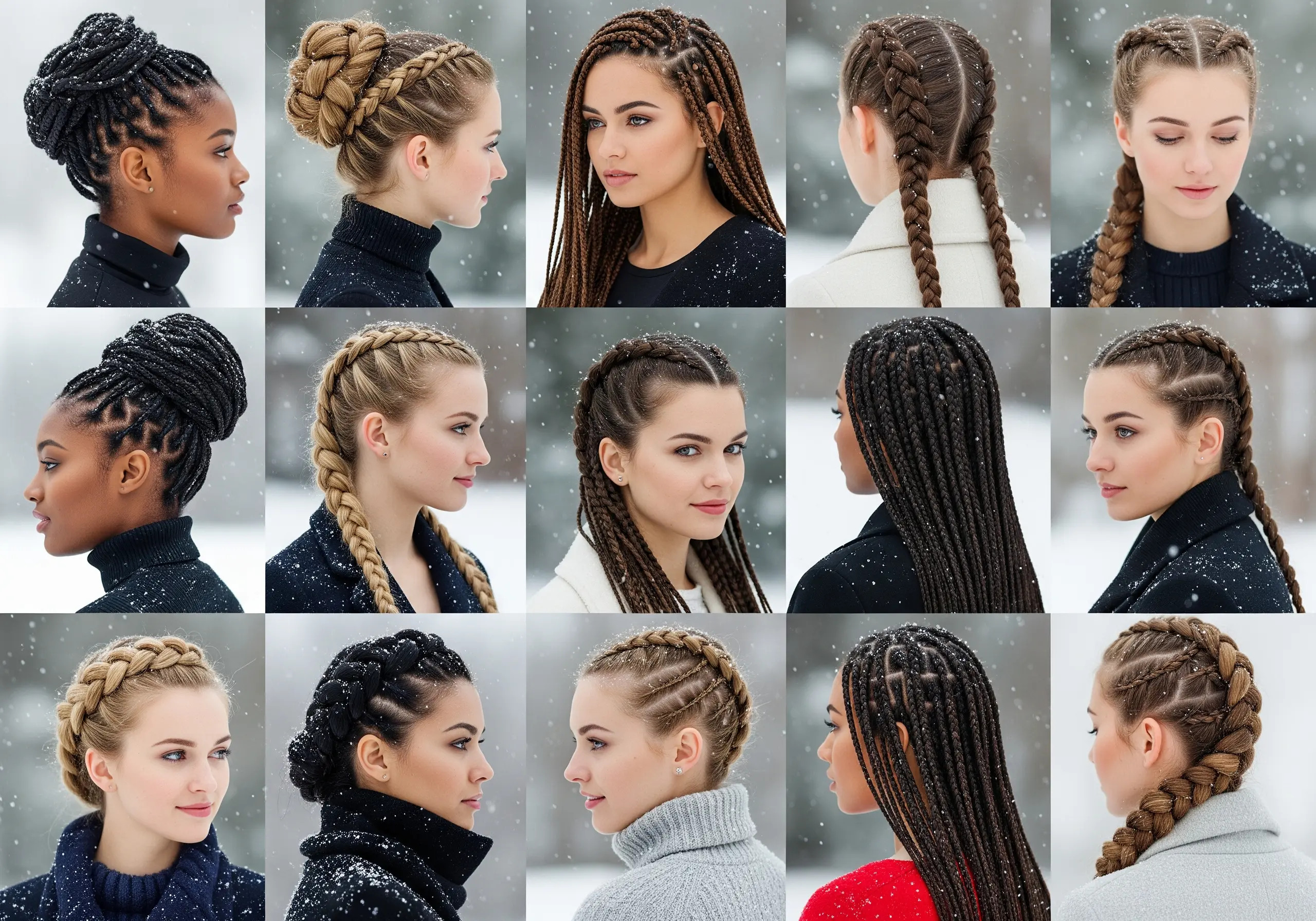 A stunning collage showcasing stylish winter hair braids on diverse women