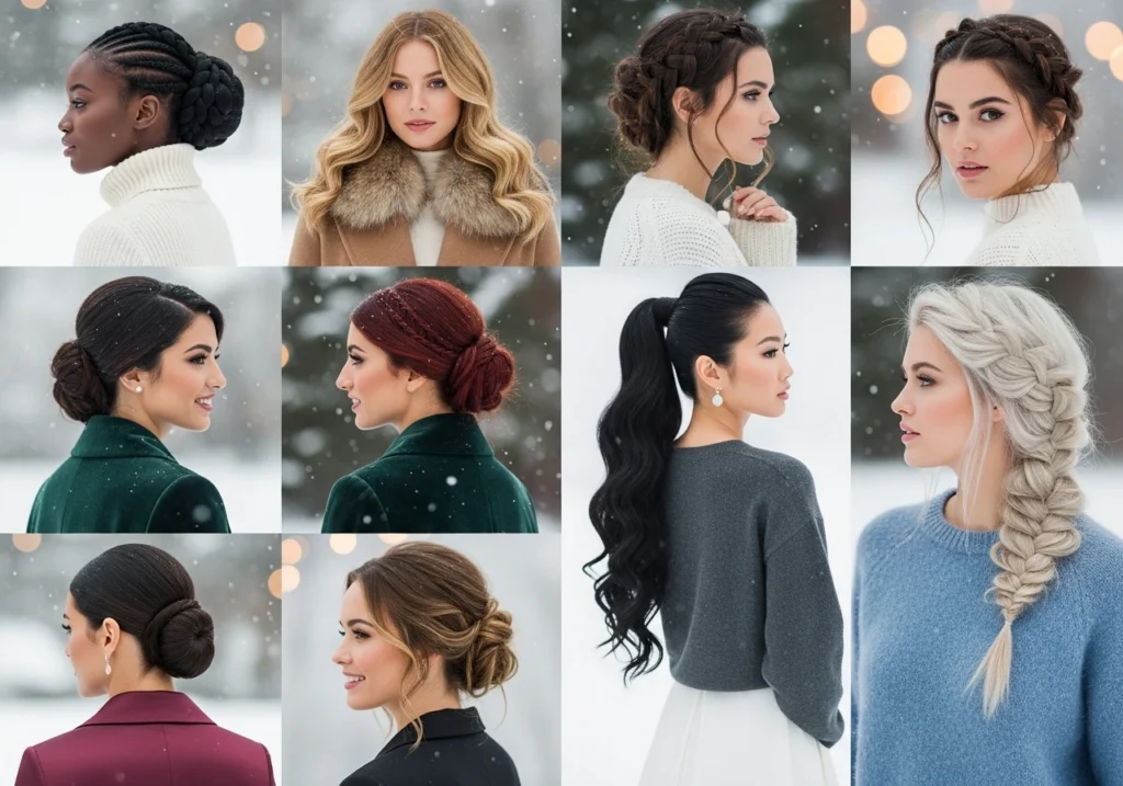 A stunning collage showcasing multiple winter hairstyles on diverse women