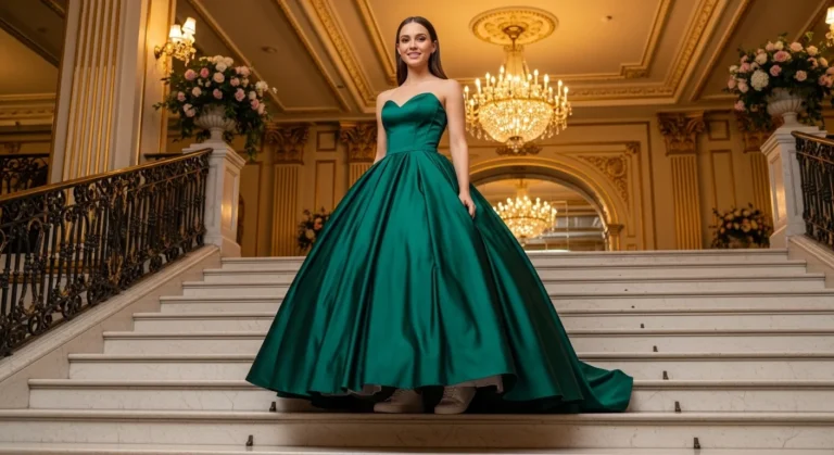 A woman in a green ball gown paired with white sneakers standing on a marble staircase at a sneaker ball event.