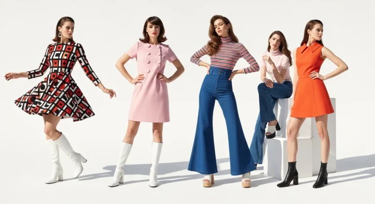 A collage of stylish 60s outfits including mod mini dresses, shift dresses, bell bottoms, and go go boots styled for modern fashion