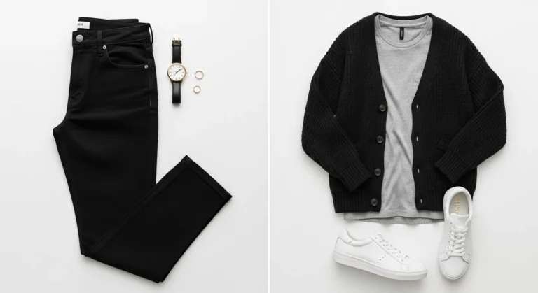 A collection of trendy black jeans outfit ideas styled with various tops, shoes, and accessories on a white background