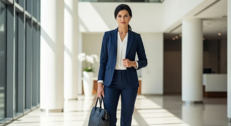 A stylish professional woman dressed in a tailored navy blazer and trousers standing in a modern office lobby