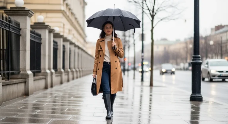 A stylish woman wearing a trench coat, dark jeans, and rain boots walking on a rainy city street