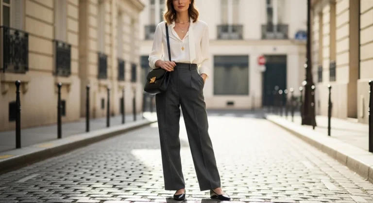 A stylish woman wearing black pointed toe ballet flats with a chic everyday outfit, standing on a clean European street