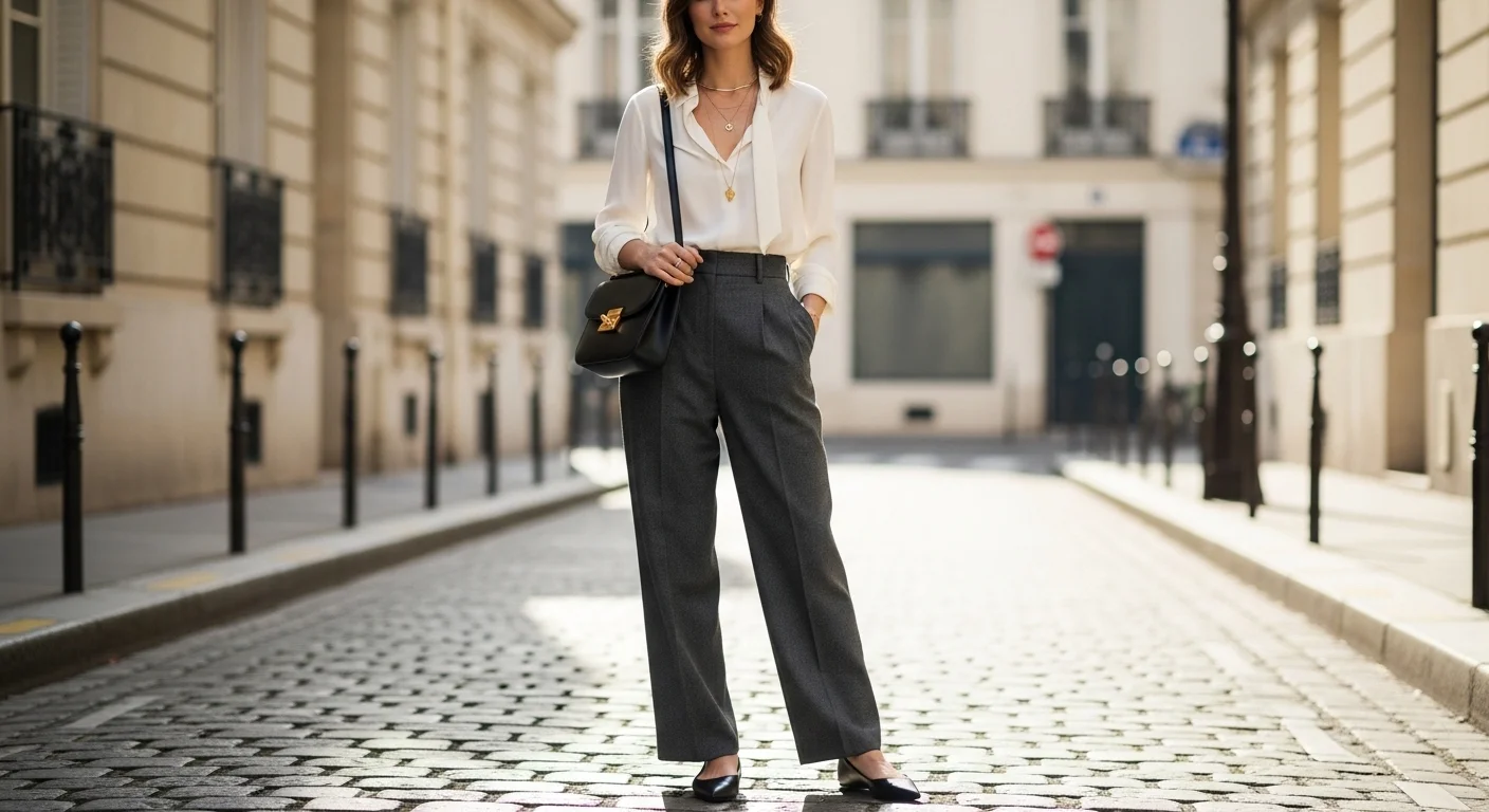 A stylish woman wearing black pointed toe ballet flats with a chic everyday outfit, standing on a clean European street