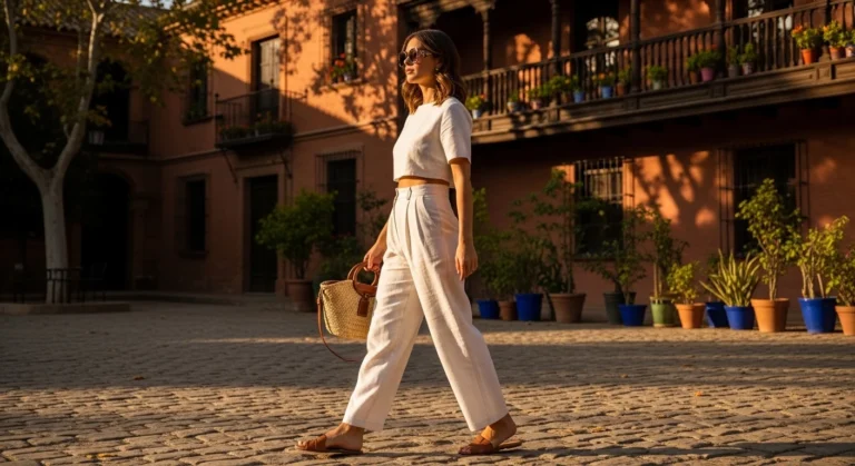 A stylish woman walking through a sunlit Spanish plaza wearing a flowing linen co-ord set in ivory with leather sandals and a woven straw bag