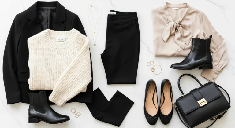 Best ideas to wear with leggings including blazer knit sweater ankle boots and silk blouse styled in a flat lay