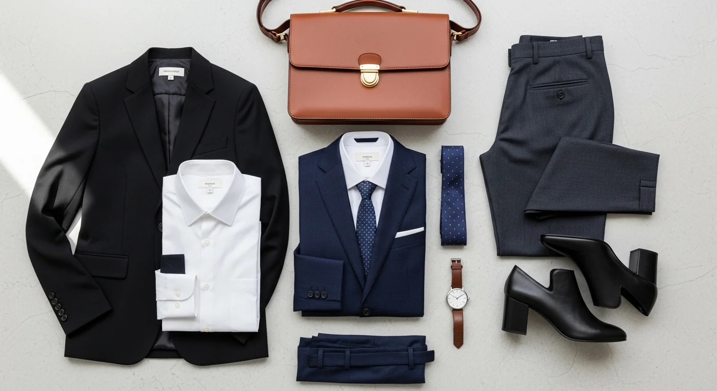 Best outfit ideas to wear to a job interview displayed in a clean professional flat lay