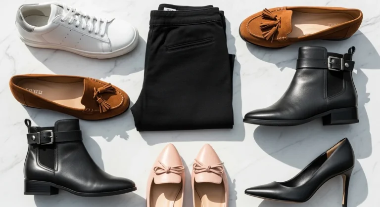 Best shoes to wear with leggings displayed in a flat lay arrangement