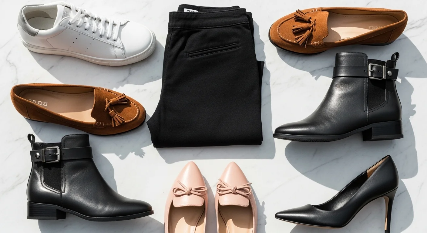 Best shoes to wear with leggings displayed in a flat lay arrangement