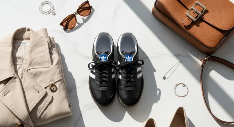 Flat lay of multiple Adidas Samba sneaker colorways surrounded by trench coat, denim, and wardrobe essentials on white marble