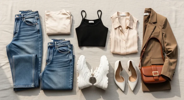 Stunning baggy jeans style ideas displayed in a fashion editorial flat lay with tops shoes and accessories