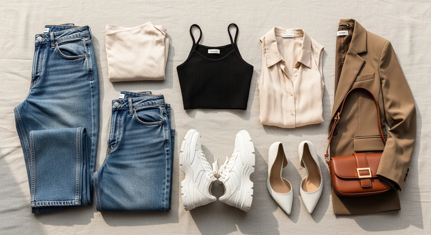 Stunning baggy jeans style ideas displayed in a fashion editorial flat lay with tops shoes and accessories