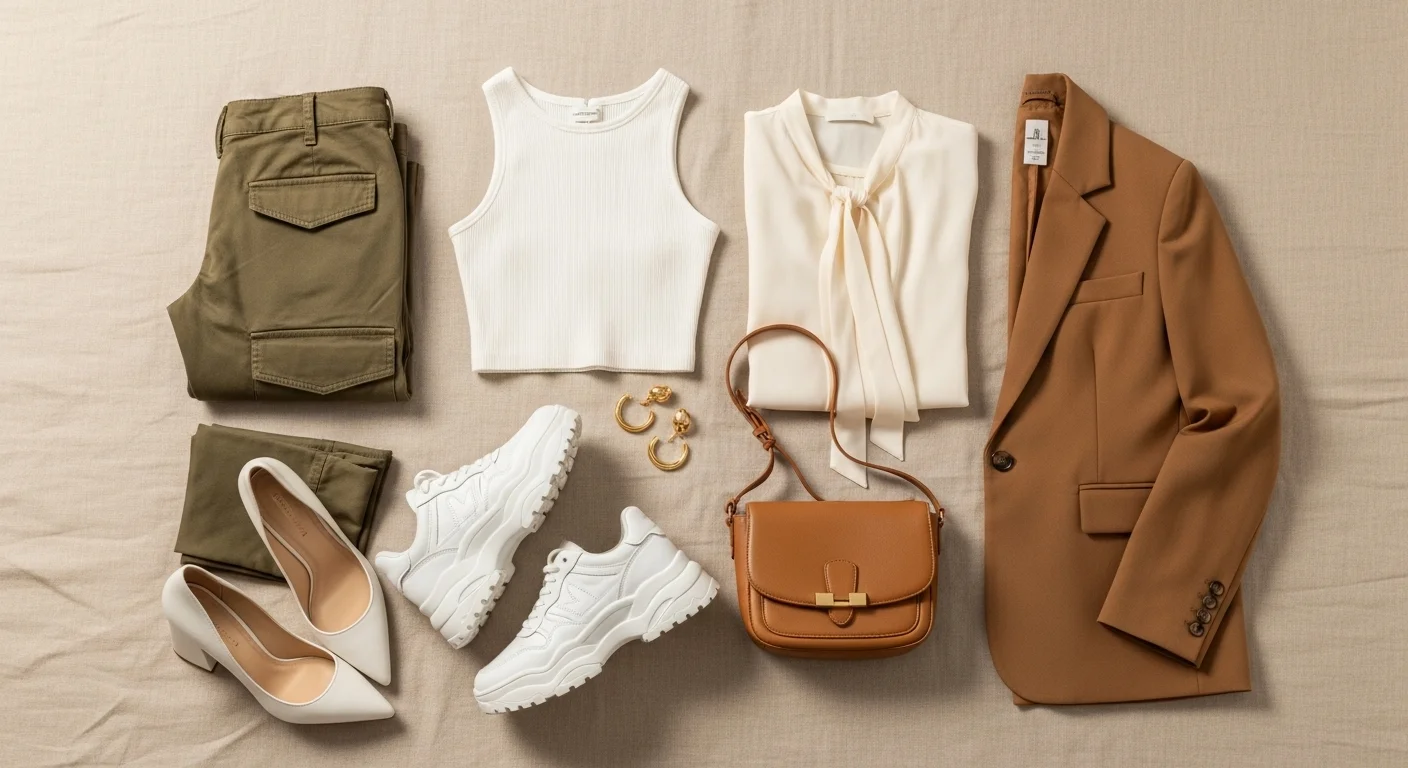 Stunning cargo pants style ideas for women displayed in a clean editorial fashion flat lay with tops shoes and accessories